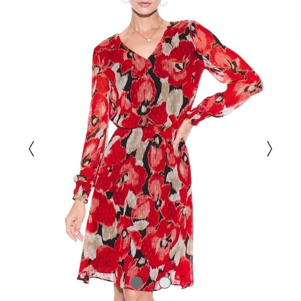 White House Black Market Smocked A Line Dress Red Black Long Sleeve Sz S